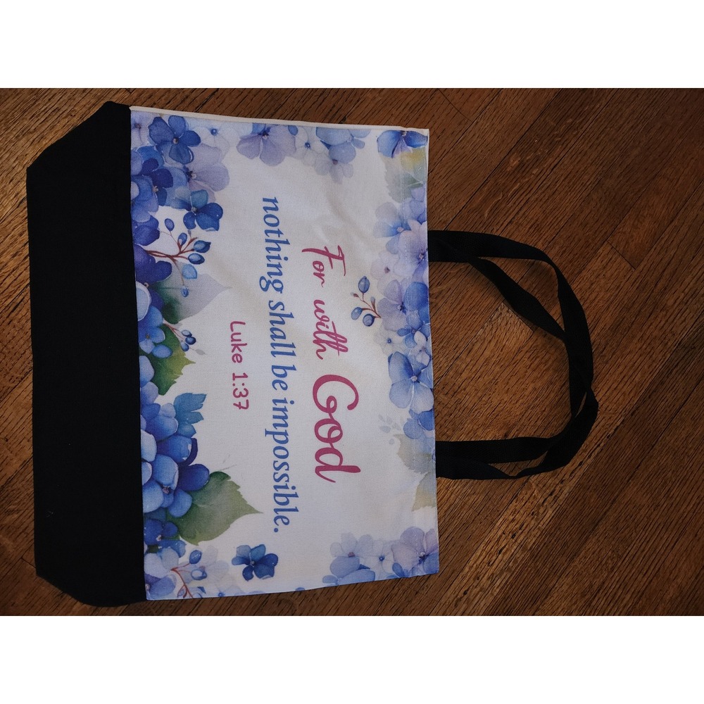 Luke 1:37 Bible Verse Floral Canvas Tote Bag Blue Hydrangea Inspirational Bag